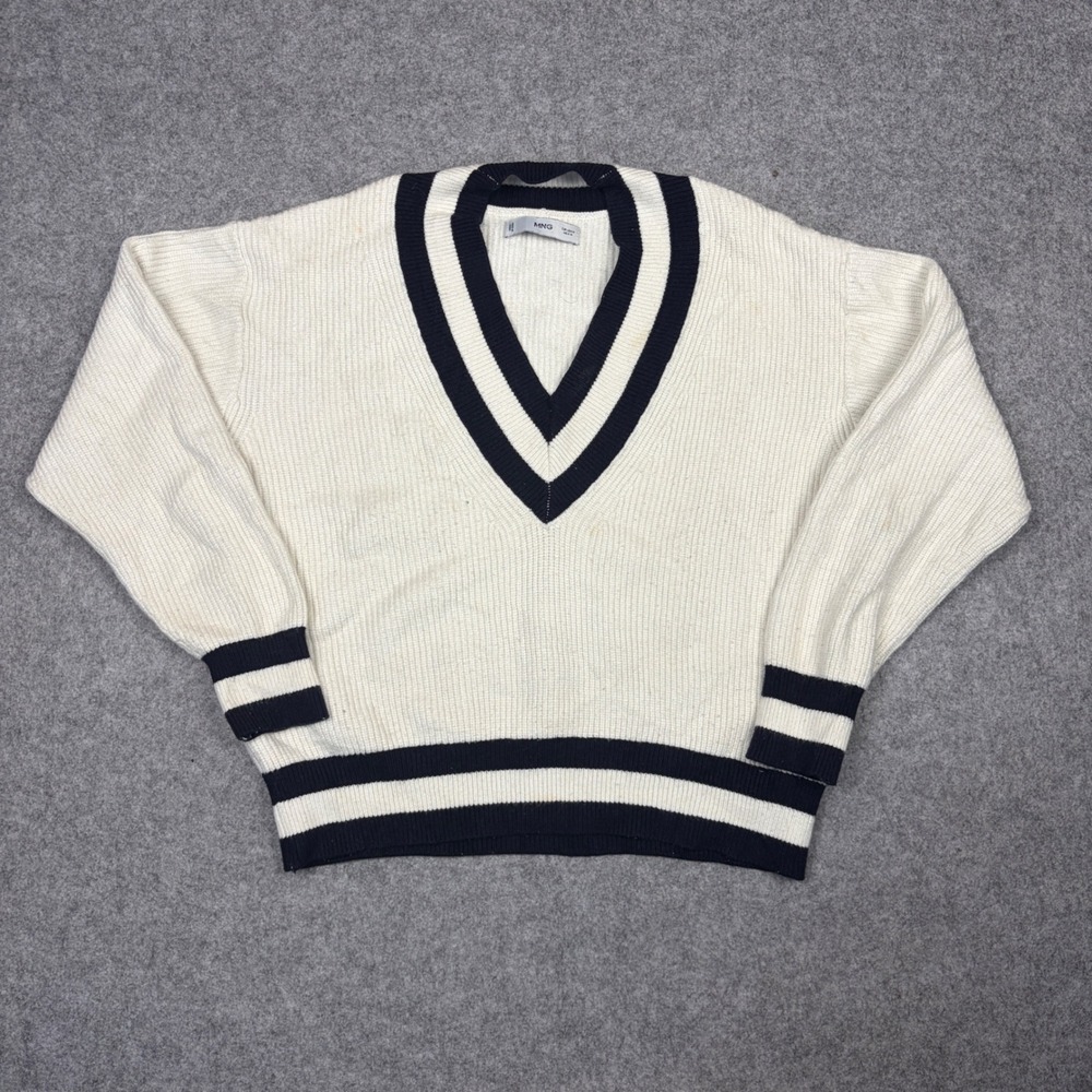 Mango MNG Womens Medium Cricket Sweater V-Neck Ribbed Knit Striped Ivory Navy